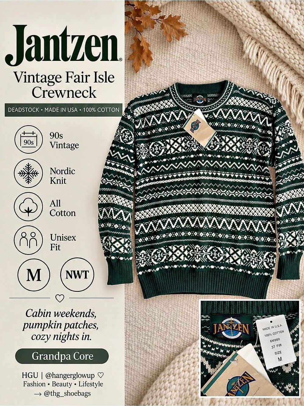 Vintage 90s Jantzen Fair Isle Nordic Sweater Green Cotton USA NWT M